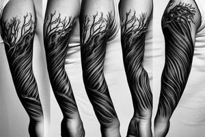 Sleeve of Tree Silhouettes around bicep with roots underneath, that turn into ocean wave all the way to the wrist tattoo idea