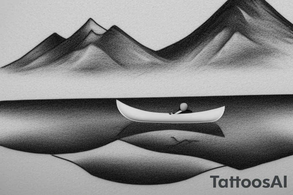 3D canoe with 2D mountains in the background. Ripples underneath the canoe. A single paddle in the back and a small light at the bow. tattoo idea