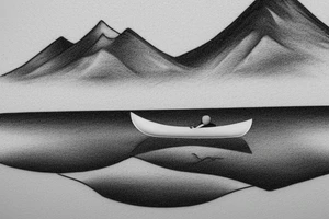 3D canoe with 2D mountains in the background. Ripples underneath the canoe. A single paddle in the back and a small light at the bow. tattoo idea