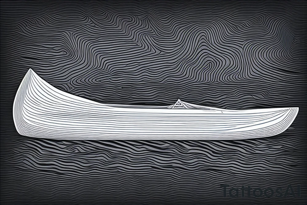 3D canoe with 2D mountains in the background. Ripples underneath the canoe. A single paddle in the back and a small light at the bow. tattoo idea