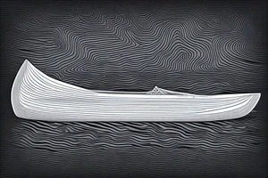 3D canoe with 2D mountains in the background. Ripples underneath the canoe. A single paddle in the back and a small light at the bow. tattoo idea