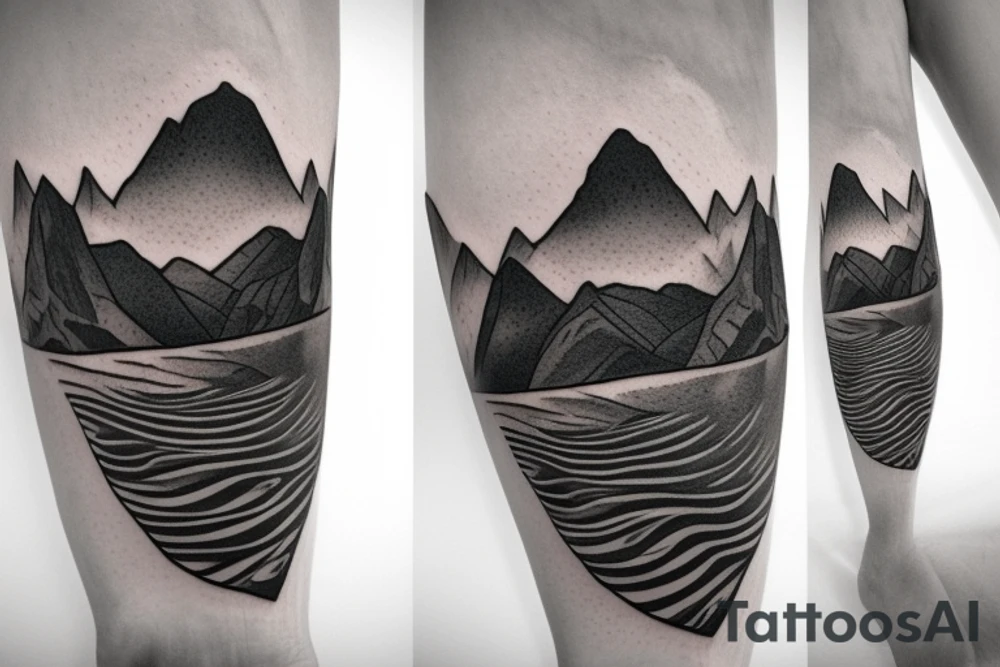 3D canoe with 2D mountains in the background. Ripples underneath the canoe. A single paddle in the back and a small light at the bow. tattoo idea