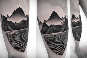 3D canoe with 2D mountains in the background. Ripples underneath the canoe. A single paddle in the back and a small light at the bow. tattoo idea