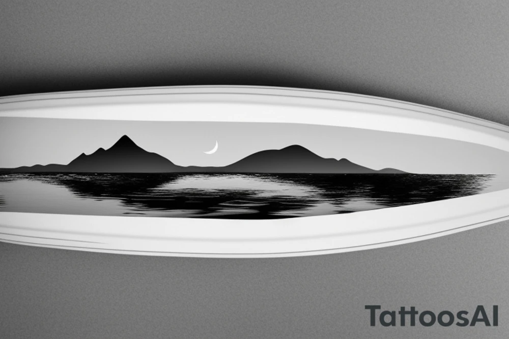 3D canoe with 2D mountains in the background. Ripples underneath the canoe. A single paddle in the back and a small light at the bow. tattoo idea