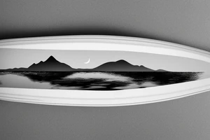 3D canoe with 2D mountains in the background. Ripples underneath the canoe. A single paddle in the back and a small light at the bow. tattoo idea
