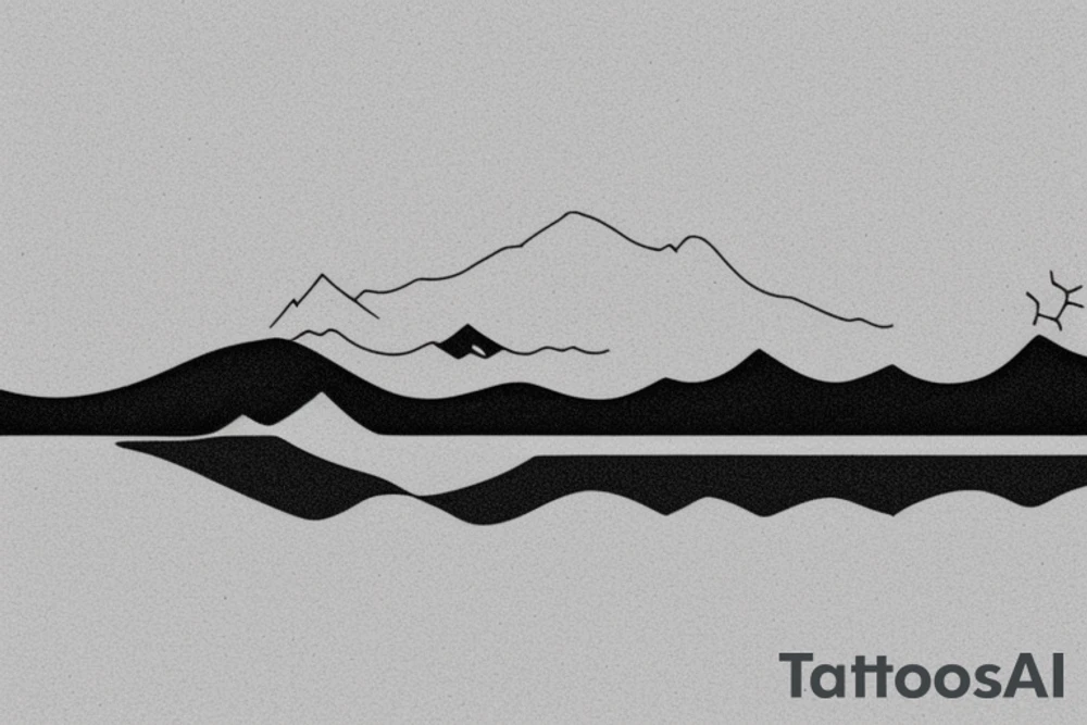 Outline of a 3D canoe with 2D mountains in the background. Ripples underneath the canoe. A single paddle in the back and a small light at the bow. tattoo idea