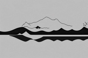 Outline of a 3D canoe with 2D mountains in the background. Ripples underneath the canoe. A single paddle in the back and a small light at the bow. tattoo idea