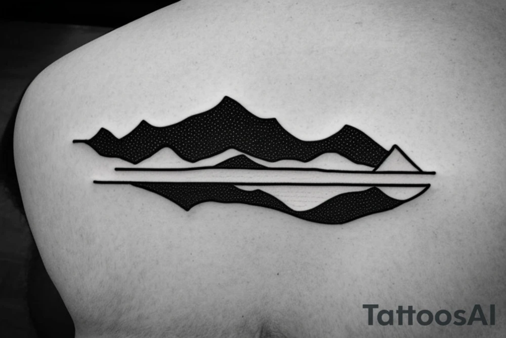 Outline of a 3D canoe with 2D mountains in the background. Ripples underneath the canoe. A single paddle in the back and a small light at the bow. tattoo idea