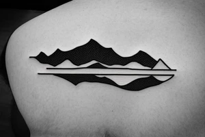Outline of a 3D canoe with 2D mountains in the background. Ripples underneath the canoe. A single paddle in the back and a small light at the bow. tattoo idea