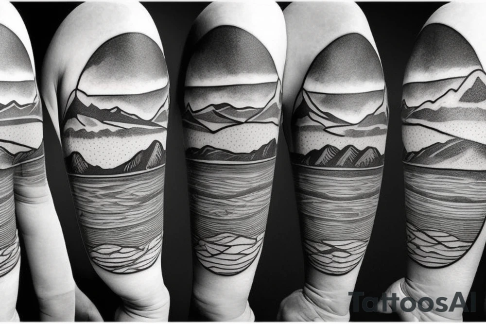 Outline of a canoe on a lake with mountains in the background. Ripples underneath the canoe. A single paddle in the back and a small light at the bow. tattoo idea