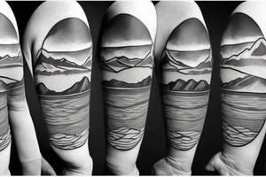 Outline of a canoe on a lake with mountains in the background. Ripples underneath the canoe. A single paddle in the back and a small light at the bow. tattoo idea