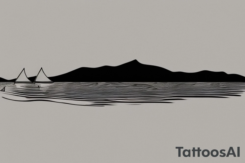 Outline of a canoe on a lake with mountains in the background. Ripples underneath the canoe. A single paddle in the back and a small light at the bow. tattoo idea