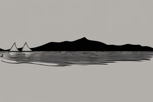 Outline of a canoe on a lake with mountains in the background. Ripples underneath the canoe. A single paddle in the back and a small light at the bow. tattoo idea