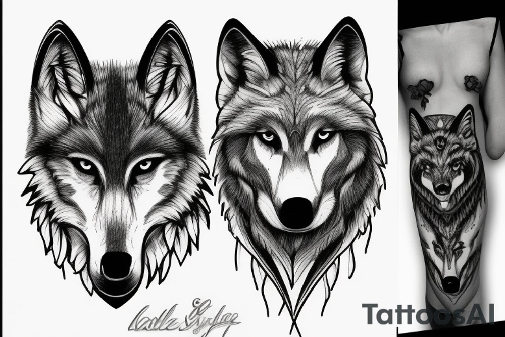 Wolf and raven in spruce forest tattoo idea
