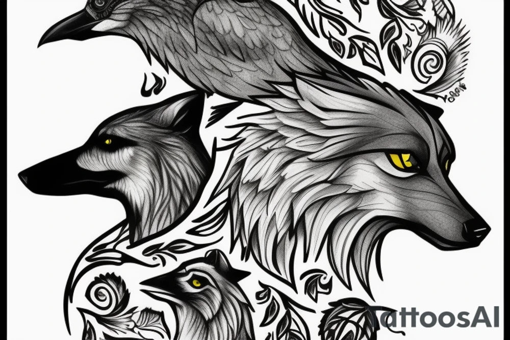 Wolf and raven in spruce forest tattoo idea
