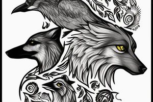 Wolf and raven in spruce forest tattoo idea