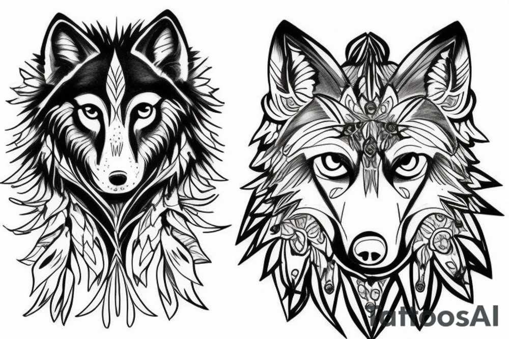 Wolf and raven in spruce forest tattoo idea