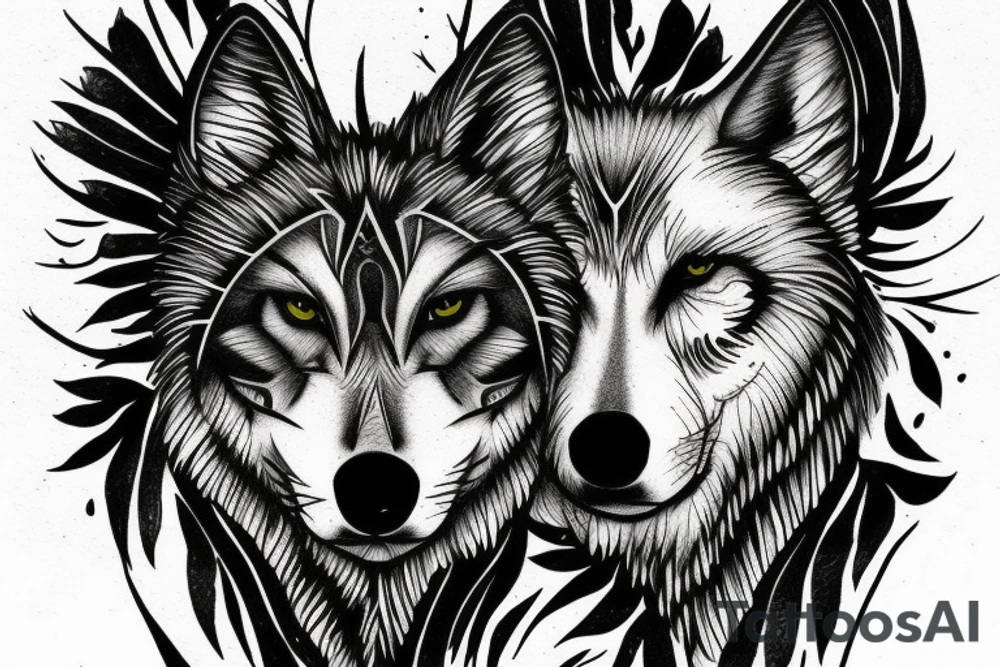 Wolf and raven in spruce forest tattoo idea