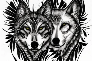 Wolf and raven in spruce forest tattoo idea