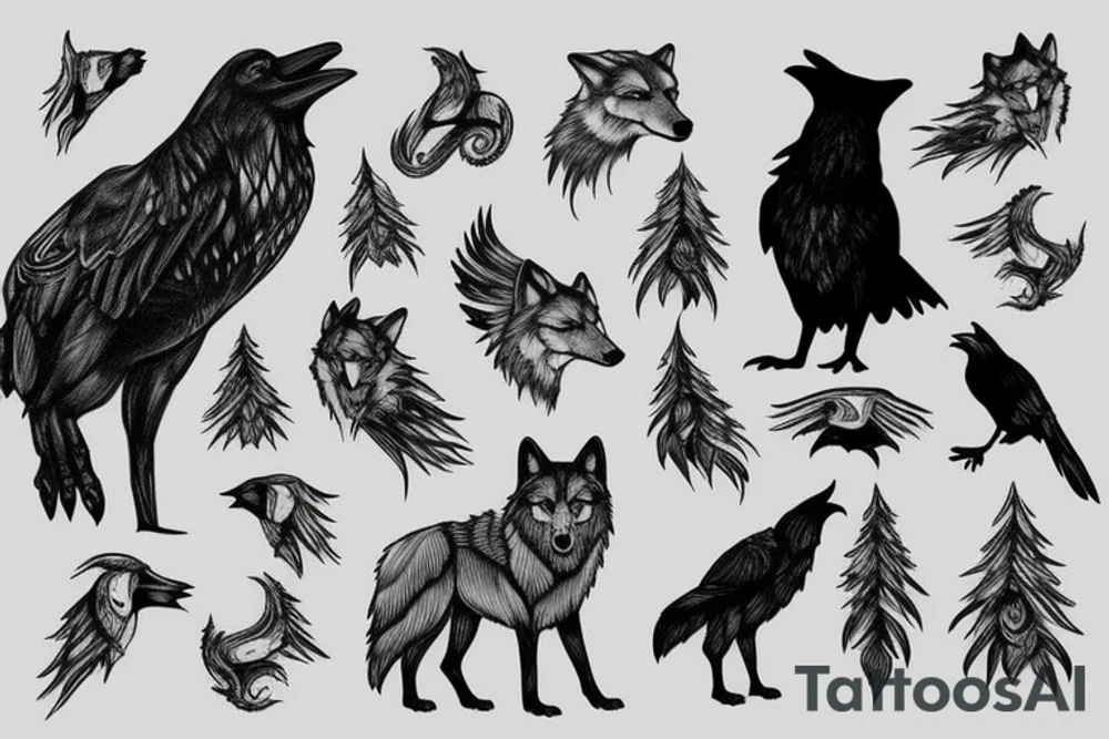Wolf and raven in spruce forest tattoo idea