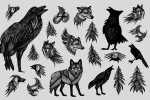Wolf and raven in spruce forest tattoo idea