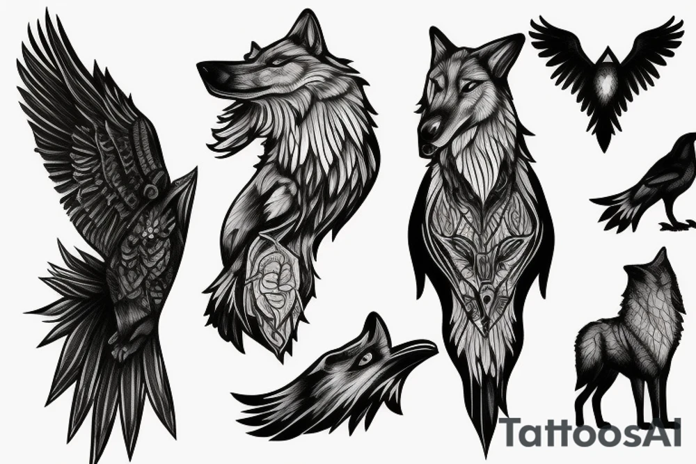 Wolf and raven in spruce forest tattoo idea