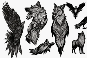 Wolf and raven in spruce forest tattoo idea