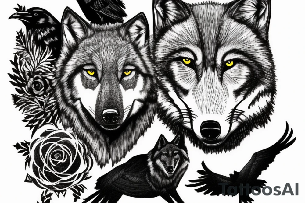 Portrait of a wolf and a raven in a spruce forest tattoo idea