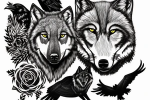 Portrait of a wolf and a raven in a spruce forest tattoo idea