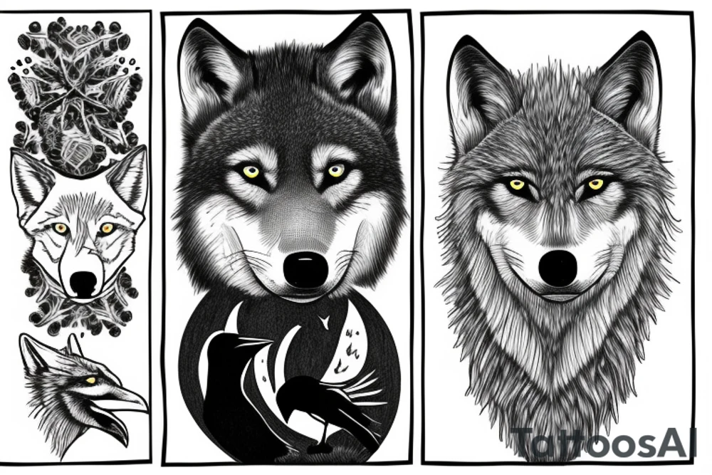 Portrait of a wolf and a raven in a spruce forest tattoo idea
