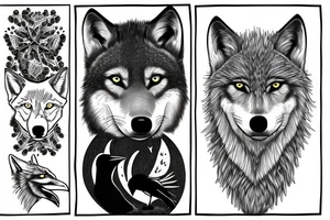 Portrait of a wolf and a raven in a spruce forest tattoo idea