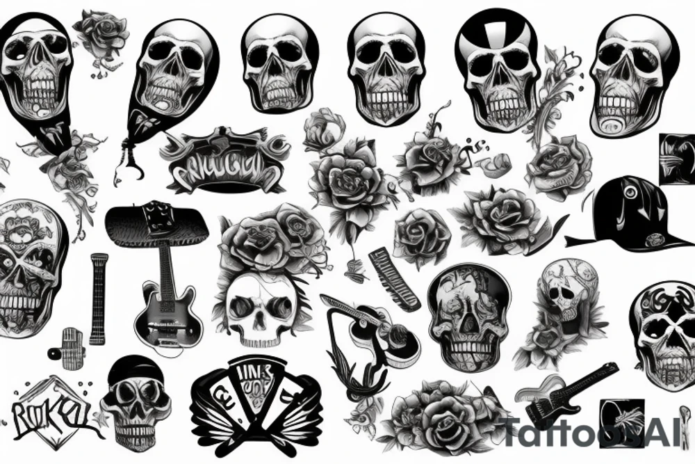 Rock and roll, guitars, skulls, twin-engine tattoo idea
