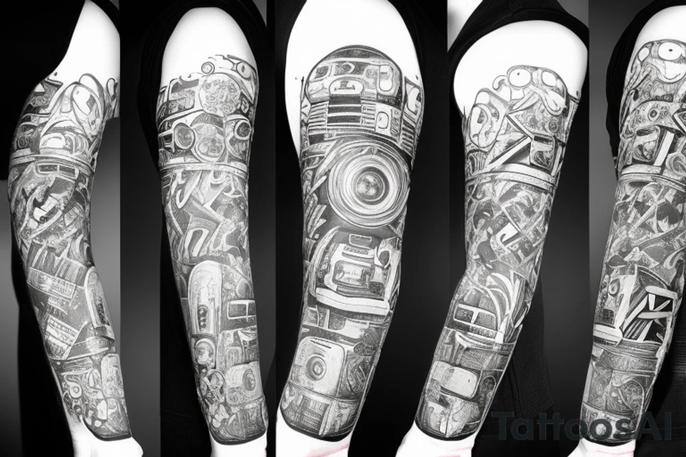 arm sleeve with a camera and technic stuff tattoo idea