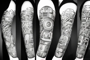 arm sleeve with a camera and technic stuff tattoo idea