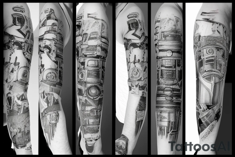 arm sleeve with a camera and technic stuff tattoo idea