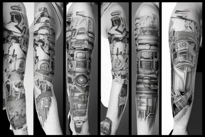 arm sleeve with a camera and technic stuff tattoo idea