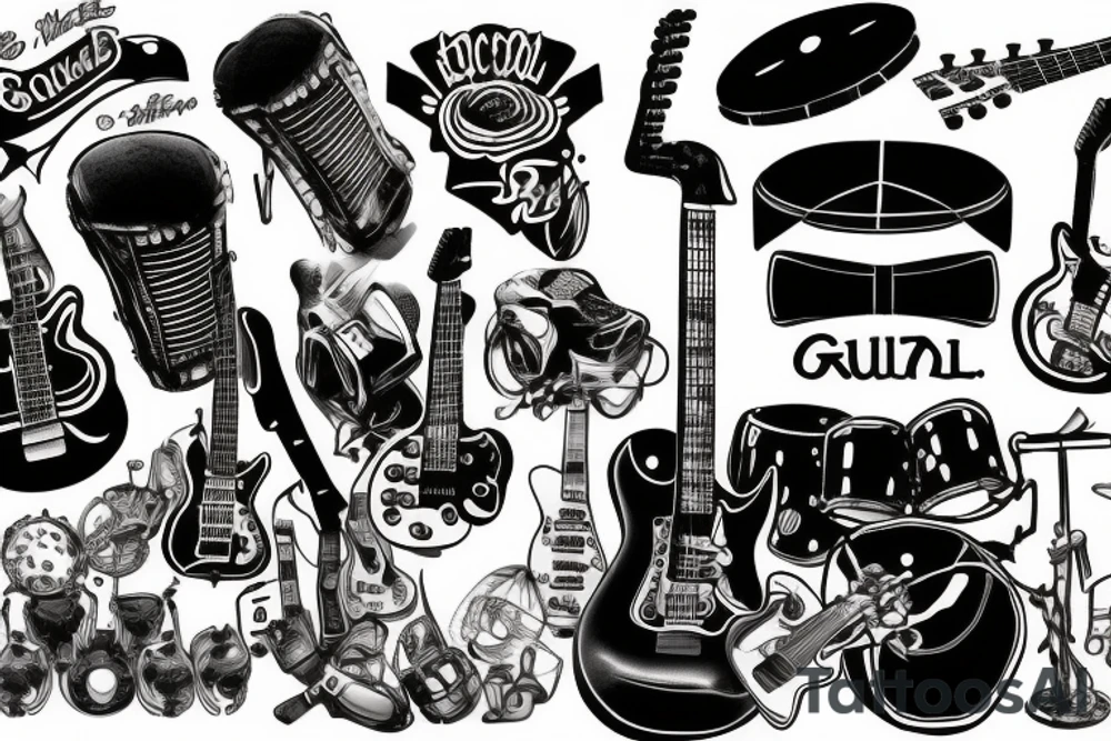 Rock and roll, guitar, drums, motorbikee tattoo idea