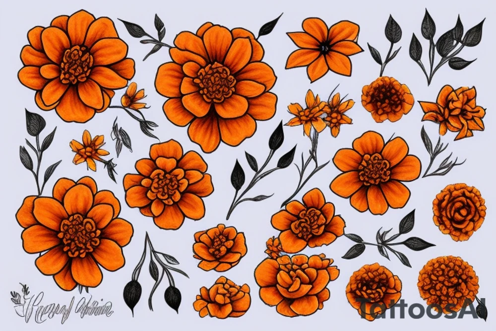 Dark orange marigold flower tattoo idea