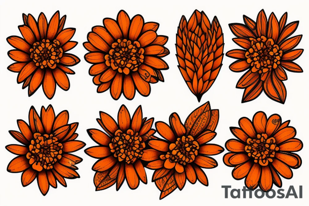 Dark orange marigold flowers with leaves tattoo idea