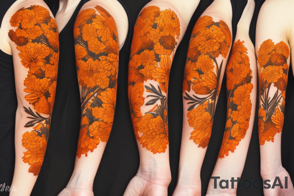 Dark orange marigold flowers with leaves tattoo idea