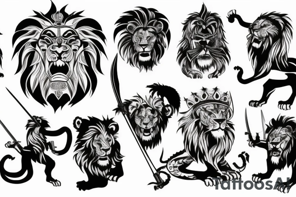 Scary Lions Head with full body holding a sword tattoo idea