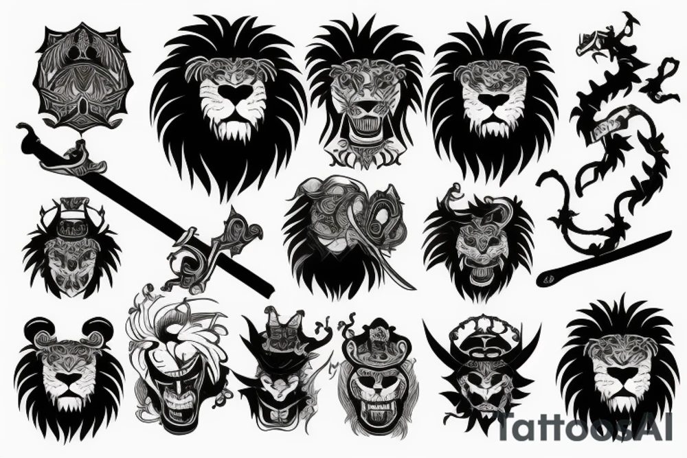 Scary Lions Head with full body holding a sword tattoo idea