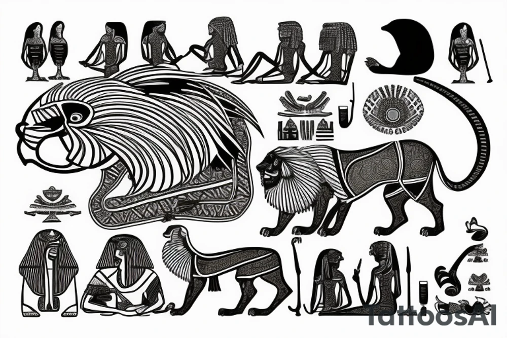 Egypt back tattoo with lion tattoo idea