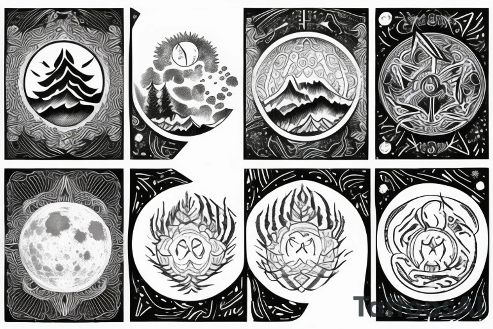 A Tattoo sleeve with triple moon symbol, northern lights and a pine Forest tattoo idea