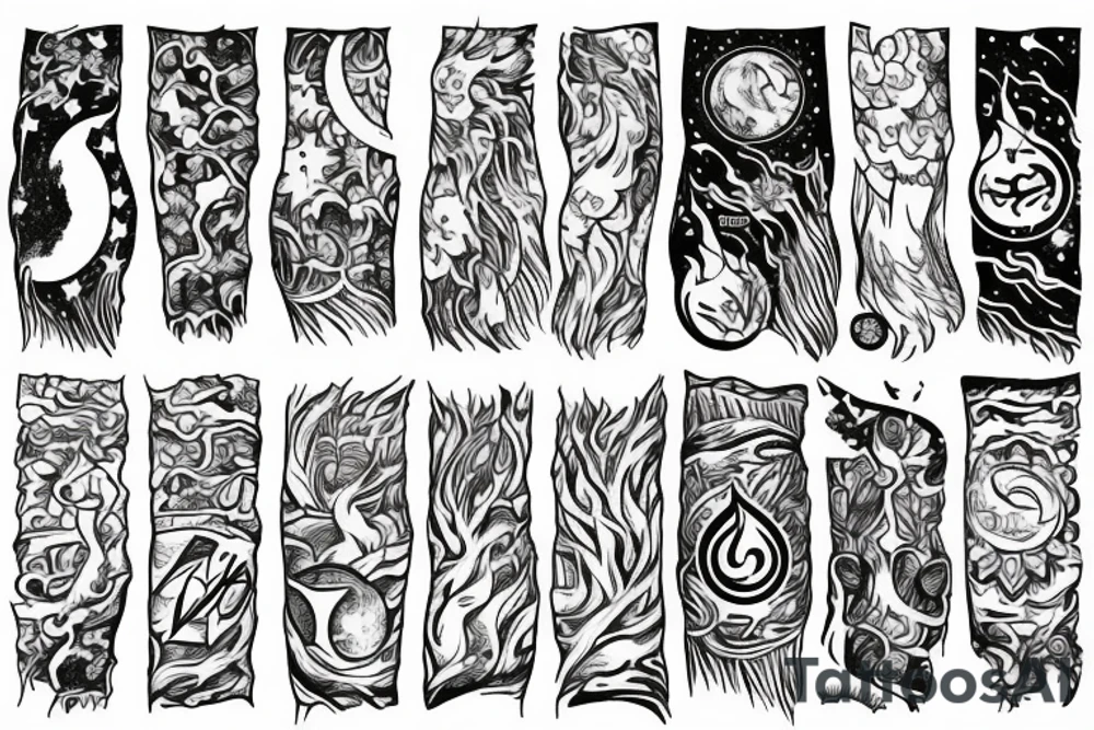 A Tattoo sleeve with triple moon symbol, northern lights and a pine Forest tattoo idea