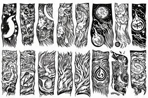 A Tattoo sleeve with triple moon symbol, northern lights and a pine Forest tattoo idea