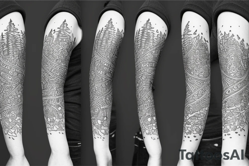 A Tattoo sleeve with triple moon symbol, northern lights and a pine Forest tattoo idea