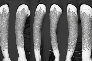 A Tattoo sleeve with triple moon symbol, northern lights and a pine Forest tattoo idea