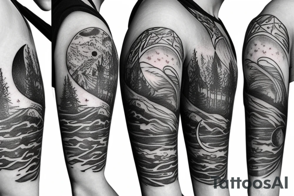 A Tattoo sleeve with triple moon symbol, northern lights and a pine Forest tattoo idea