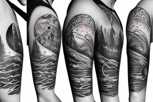 A Tattoo sleeve with triple moon symbol, northern lights and a pine Forest tattoo idea